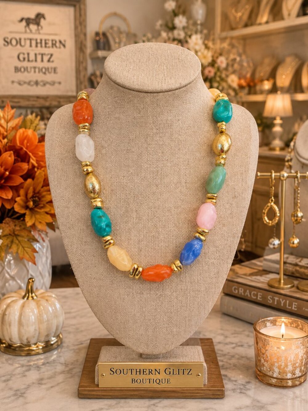 Colorful Beaded Statement Necklace, Multicolor Oval Bead Necklace with Gold Acce